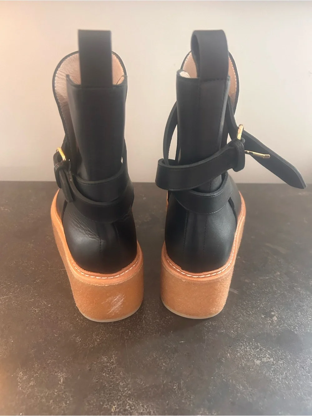 Ulla Johnson Black Leather Platform Ankle Boots with Tan Crepe Sole